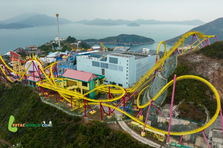 Aerial view of Ocean Park Hong Kong showcasing various attractions and lush green areas.