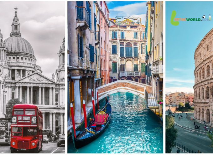 Collage featuring iconic landmarks: London red bus, Venice gondola, Rome's Colosseum.