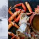 Collage of a private cab traveling from Ivalo to Kirkenes and a crab meal on a plate.
