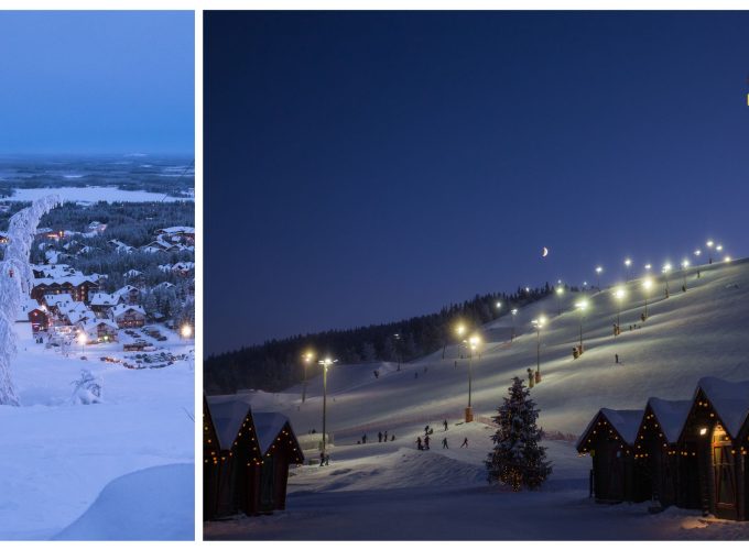 Collage showing Levi Ski Resort slopes at night from below with lights and during the day from above, showcasing the beauty of the resort.
