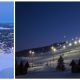 Collage showing Levi Ski Resort slopes at night from below with lights and during the day from above, showcasing the beauty of the resort.