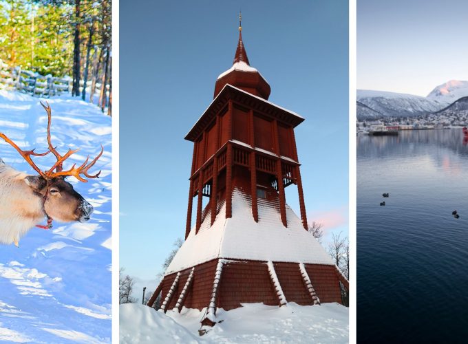 Collage featuring reindeer in Rovaniemi, Kiruna church, and Tromso Harbour.