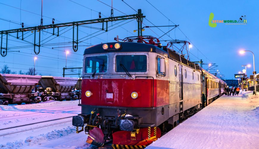 Swedish train arriving at Kiruna station in February.