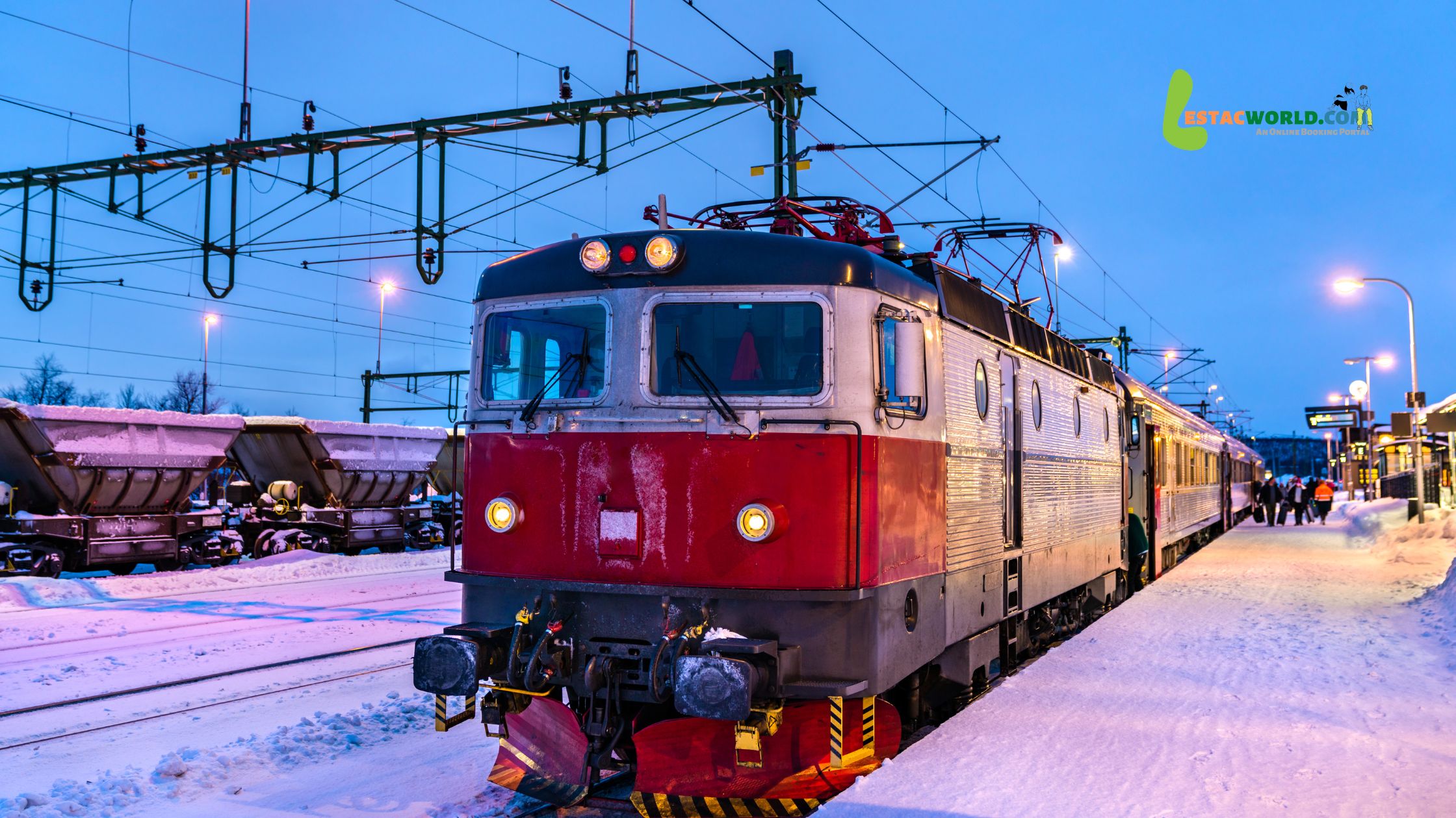 Swedish train arriving at Kiruna station in February.