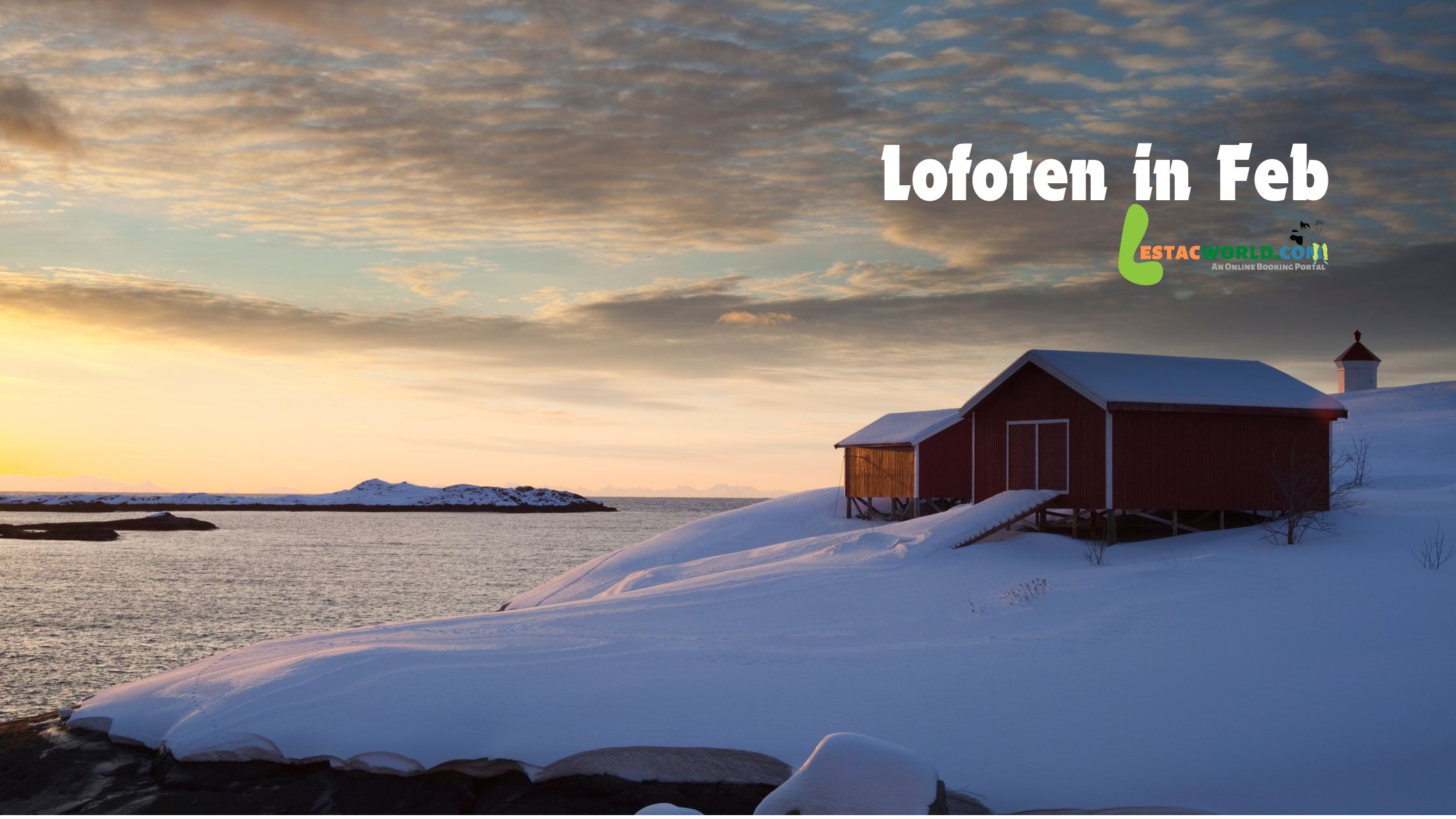 Red house around the snow-covered sea shore in Lofoten in February.