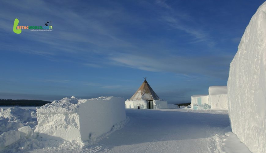 Kiruna Ice Hotel outside premises covered in snow in March.