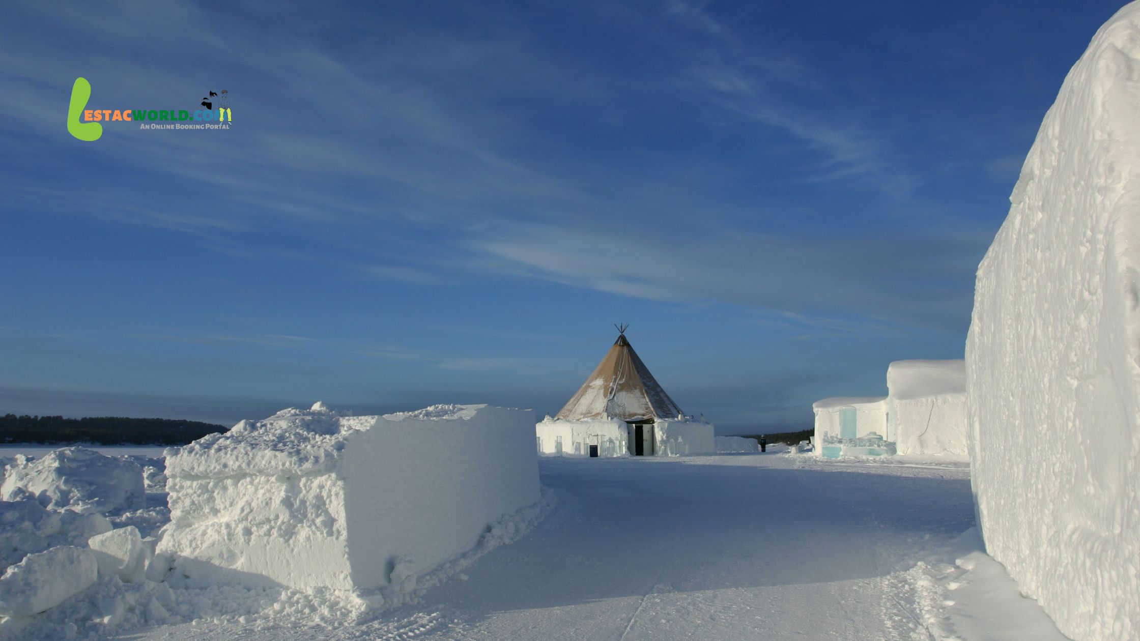 Kiruna Ice Hotel outside premises covered in snow in March.