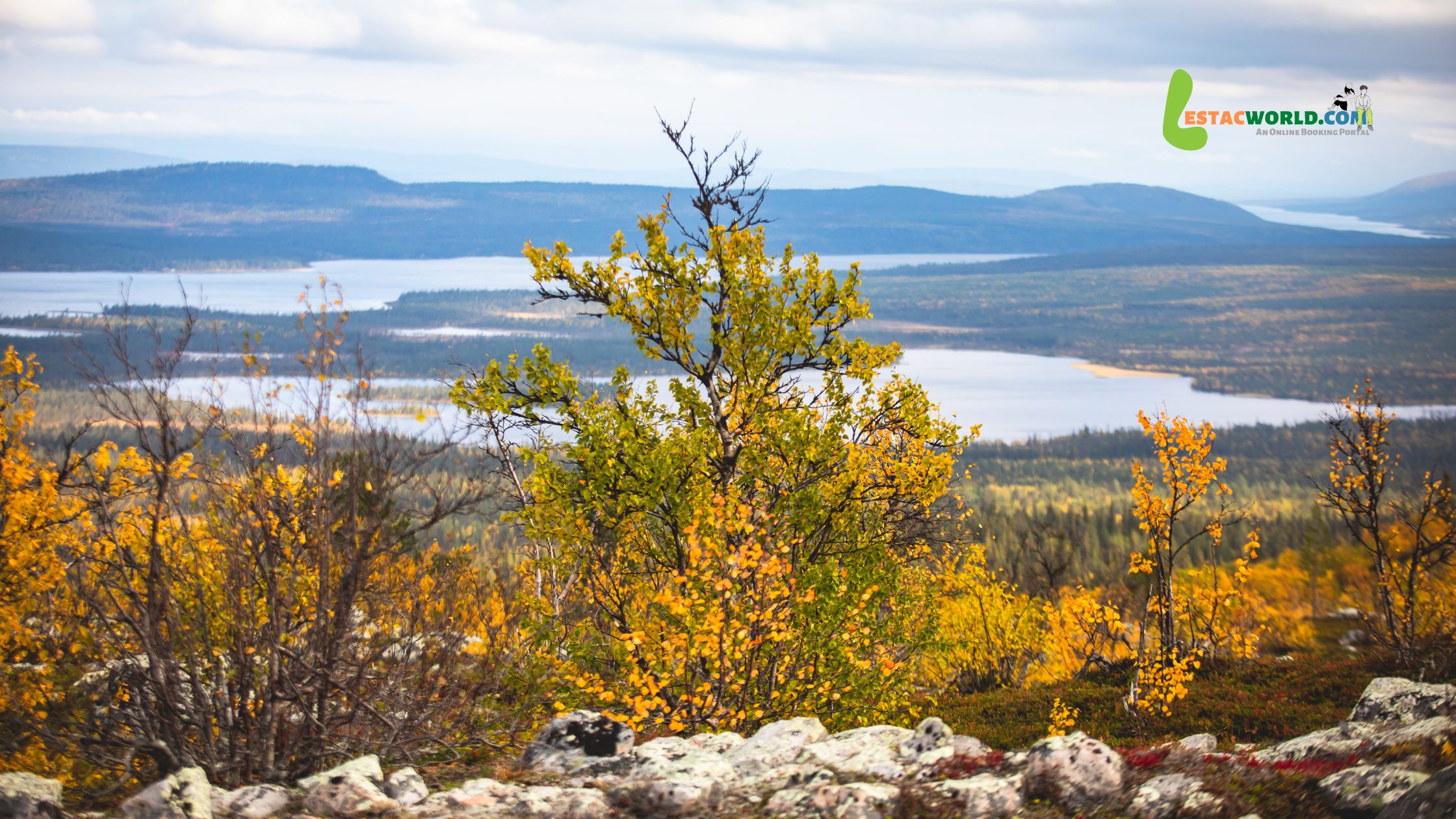 Landscape of Kiruna in October with snow-covered ground, autumn foliage, and distant mountains.