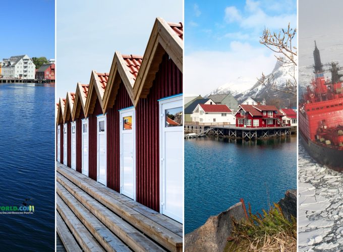 Collage of colorful houses in Tromsø, Hamn, and Svolvær, and an Icebreaker cruise.
