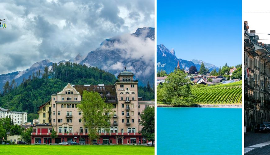 Collage of Swiss locations in December, featuring snowy landscapes, festive Christmas markets, and winter activities.