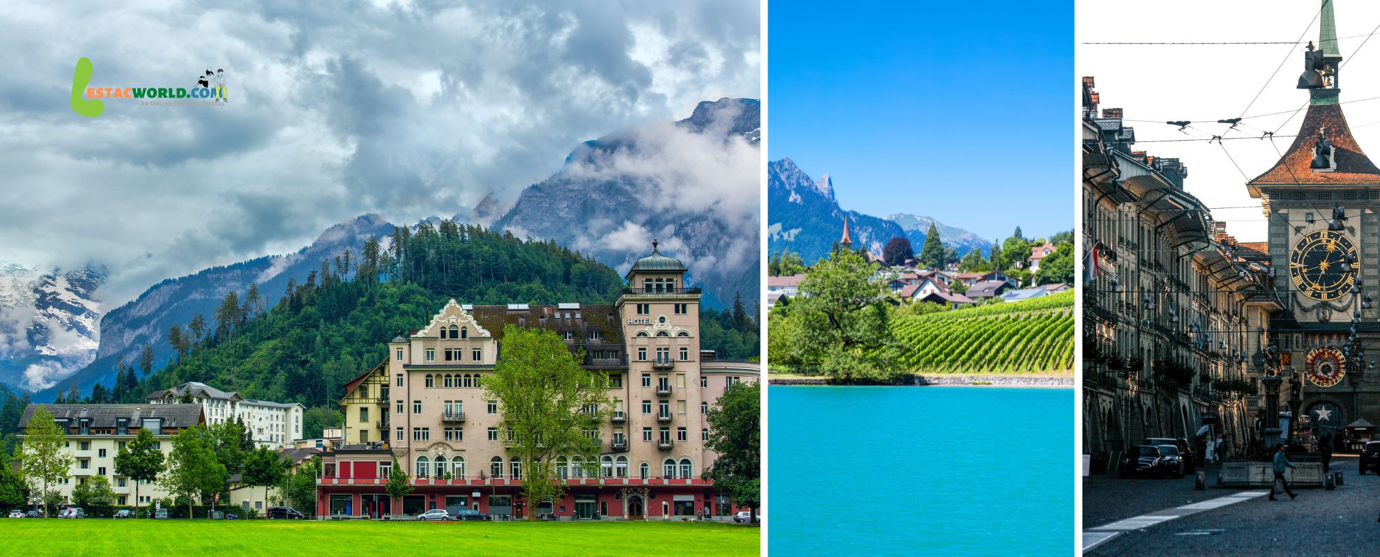 Collage of Swiss locations in December, featuring snowy landscapes, festive Christmas markets, and winter activities.