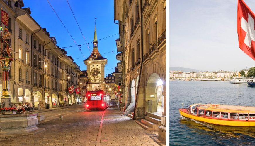 Collage of Zurich city center at night and the Zurich harbor illuminated in February. Is February the right time to visit Switzerland?
