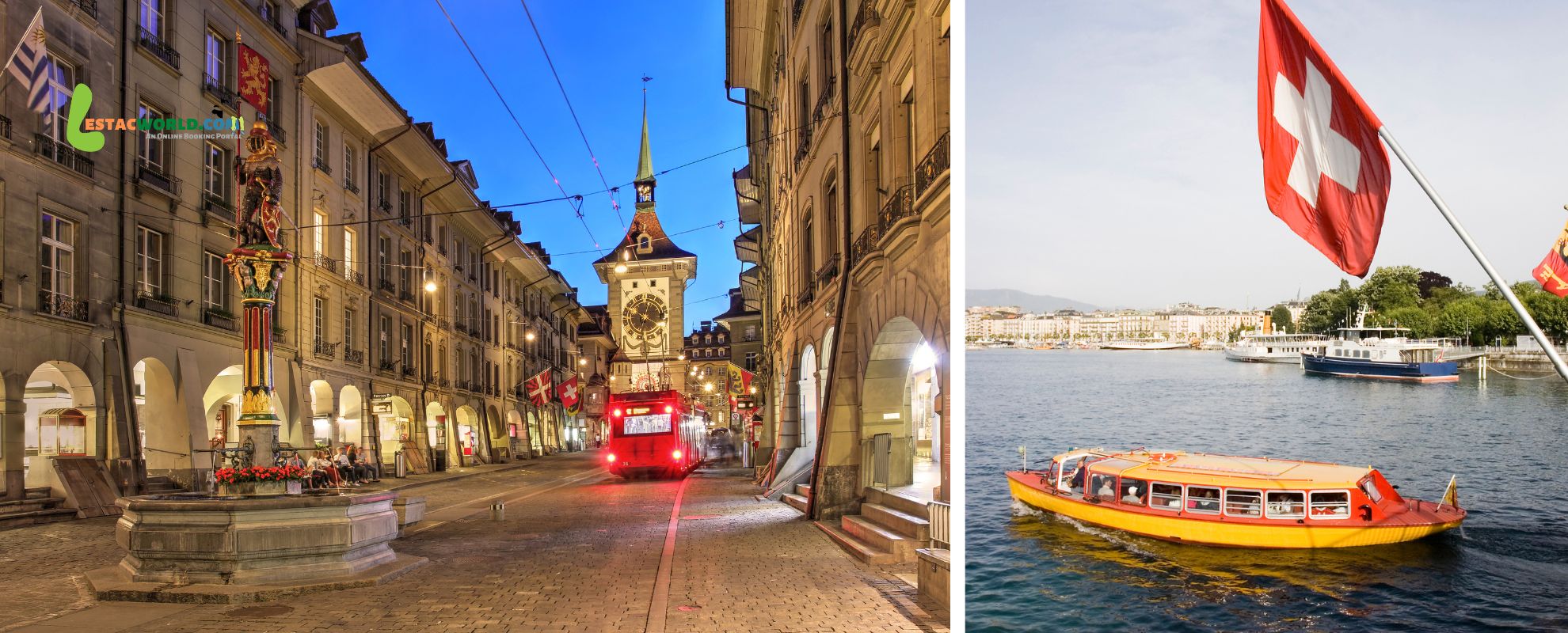 Collage of Zurich city center at night and the Zurich harbor illuminated in February. Is February the right time to visit Switzerland?
