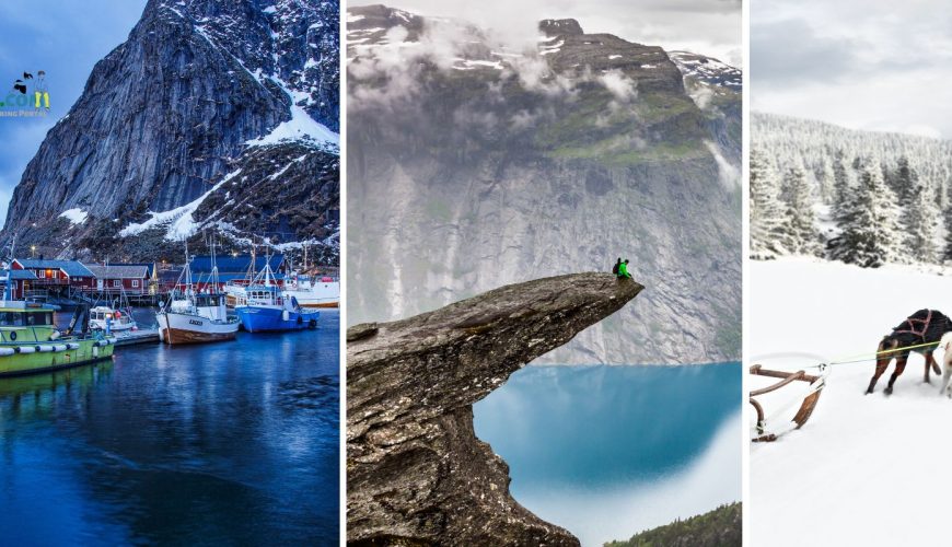 Collage of Lofoten fjords, peak of a fjord near Bergen, and husky sledding in Tromsø