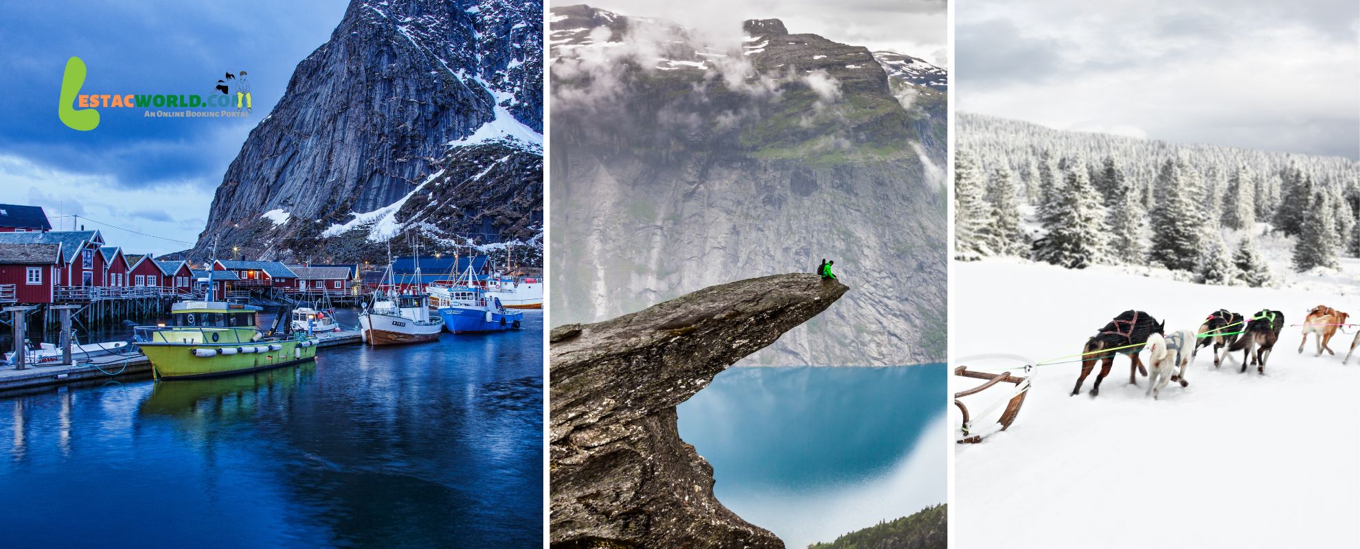 Collage of Lofoten fjords, peak of a fjord near Bergen, and husky sledding in Tromsø