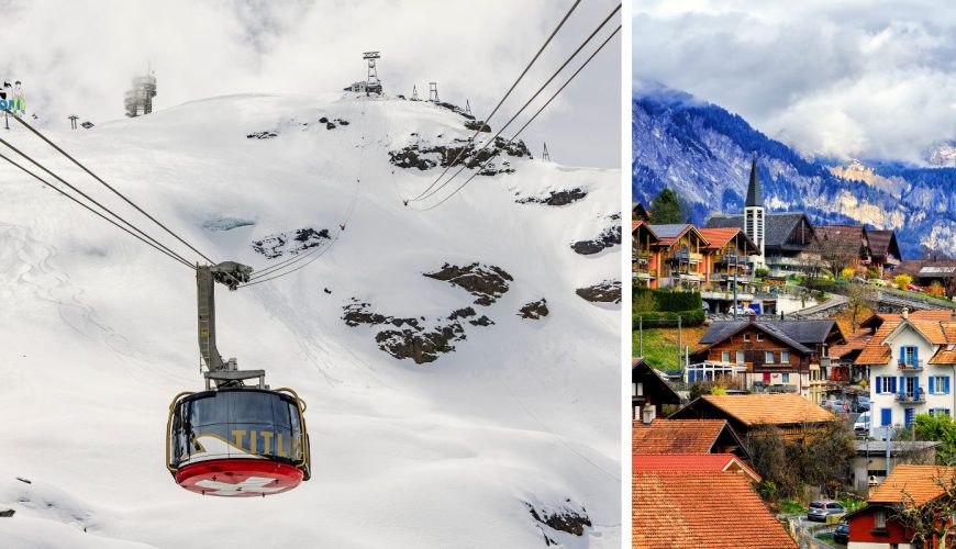 Collage of a cable car in Switzerland and an aerial view of Interlaken city covered with snow. Is March the right time to visit Switzerland?