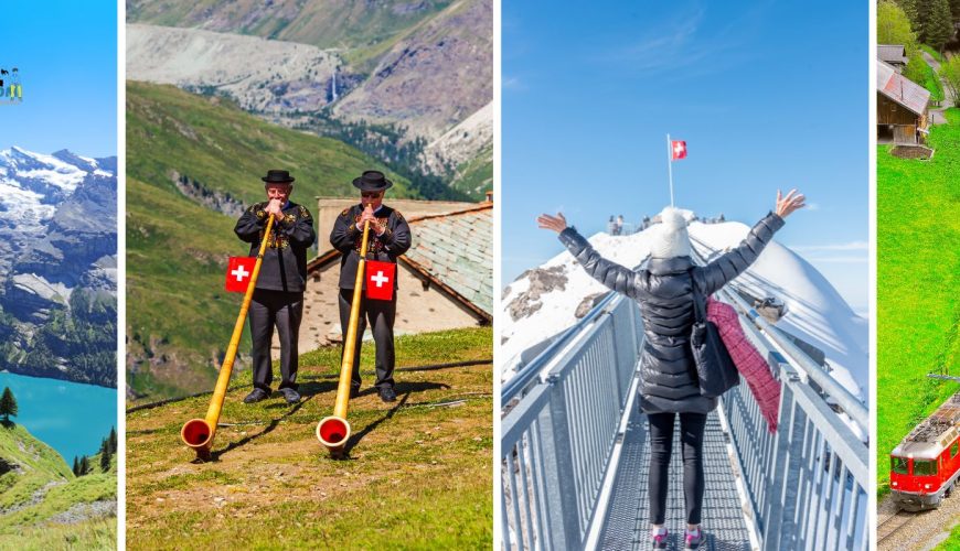 Collage of various locations in Switzerland in November, showcasing autumn landscapes, early snowfall, and picturesque scenery