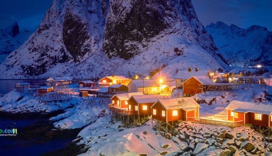 Senja Hamn fjord at night with snow