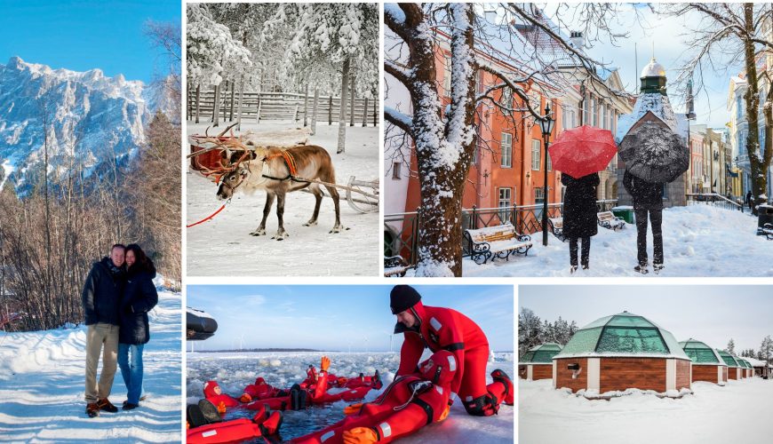 A collage of Brintha and Martin's Finland Northern Lights tour, featuring images of their sledge ride, icebreaker cruise, back poses in Tallinn, reindeer experience, and igloo stay.