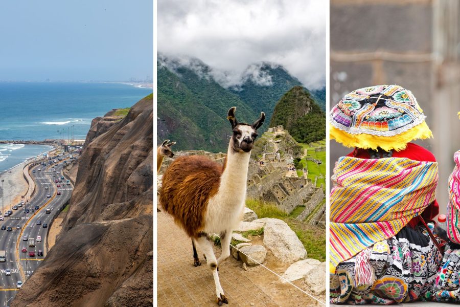 Collage of scenic views: Lima highway along the sea, a llama eating grass at Machu Picchu, and a person in traditional Cusco cultural dress.