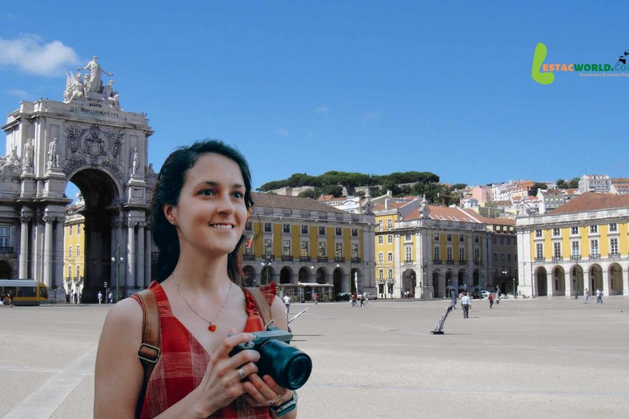 Tourist posing at Praça do Comércio during 4 nights 5 days Portugal tour package