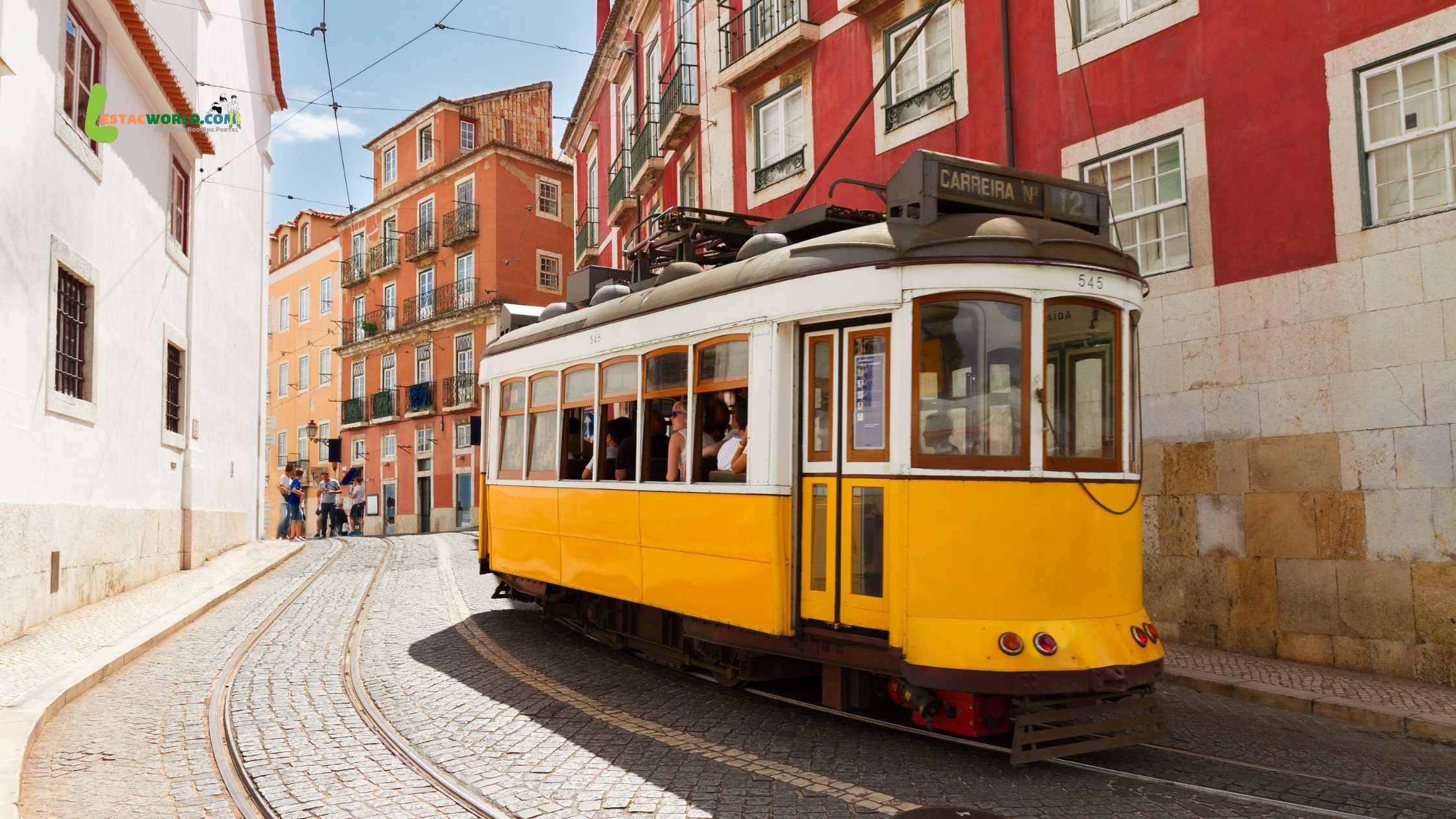 A classic yellow tram passing through the historic streets of Lisbon, Portugal, with colorful buildings and cobblestone roads in the background.