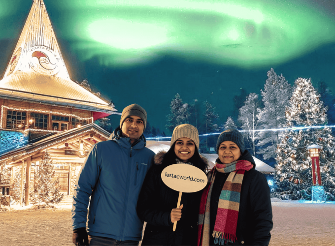 Lestacworld travelers enjoying at Santa Claus Village during 12N/13D Finland Northern Lights tour package from India